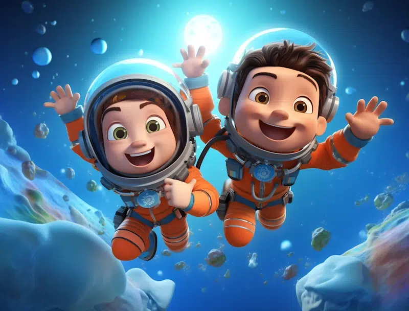 Two animated children, wearing orange space suits and helmets, float joyfully in space with arms raised. They are surrounded by asteroids, bubbles, and a glowing blue planet in the background, exuding a sense of excitement and adventure—a scene that feels as dynamic as Google Looker Studio's visualizations.