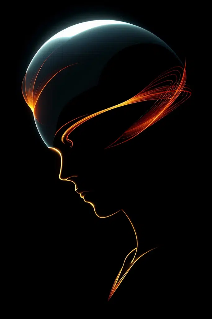 Silhouette of a futuristic human head with neon accents, perfect for web design inspiration. The profile is illuminated with bright lines and curves suggesting a high-tech or digital design. The dark background accentuates the glowing contours, creating a striking, sci-fi aesthetic.