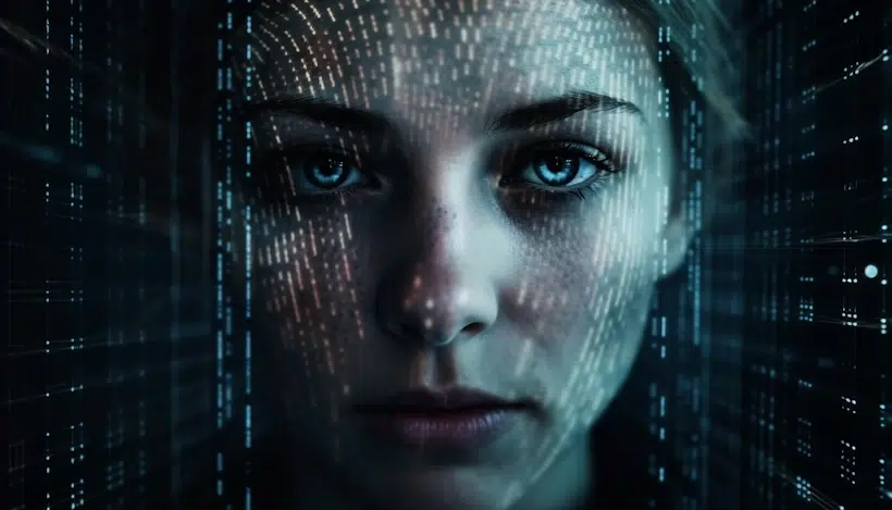 Close-up of a woman's face with intense blue eyes, partially covered by a digital overlay of glowing lines and dots in a dark, technology-themed background. The overlay resembles futuristic data streams connecting in a digital interface, suggesting themes of cybernetics and AI.