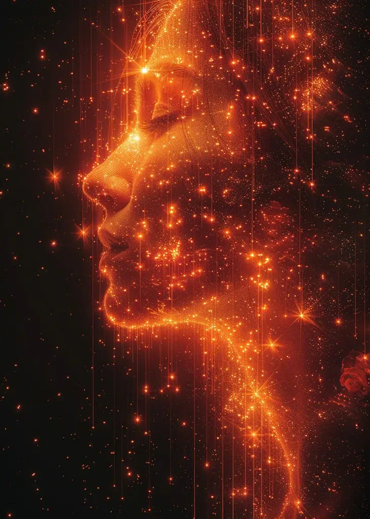 A glowing, ethereal profile of a woman's face appears against a dark background, made up of countless sparkling orange lights and stars. The lights form contours of her face and hair, creating a celestial and otherworldly effect that could serve as a stunning inspiration for web design.
