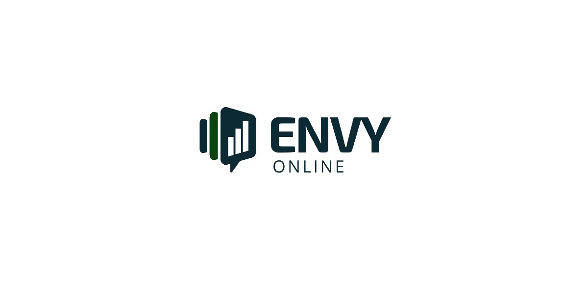 A logo featuring the text "ENVY ONLINE" in bold, dark blue letters. To the left of the text is a dark blue speech bubble icon with a green bar graph inside it, consisting of three bars of different heights. The background is white.
