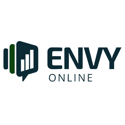 The image shows the logo for "Envy Online." The logo features a bar chart icon within a speech bubble on the left, colored in dark blue and green. To the right, the text reads "ENVY" in bold, dark blue letters, and below it, "ONLINE" in smaller, gray letters.
