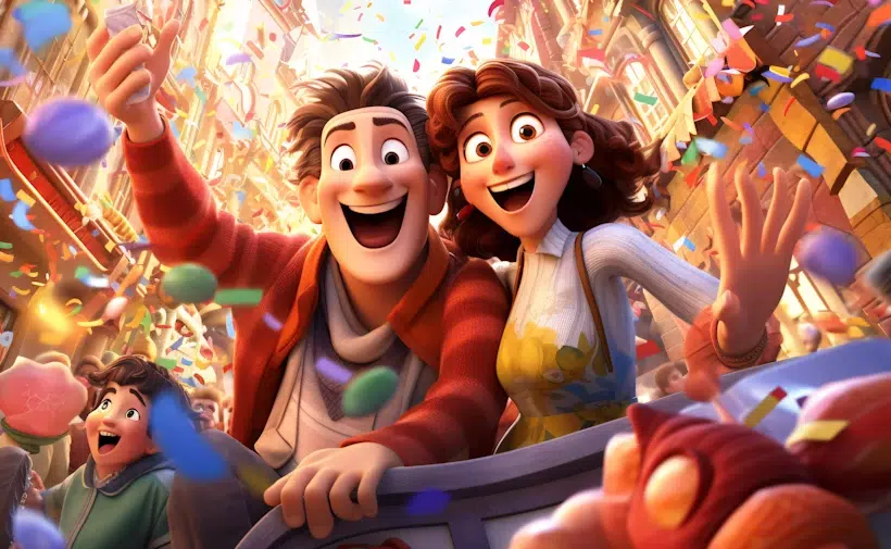A joyful animated couple, a man and a woman, are standing close together, smiling and waving as colorful confetti rains down around them in a lively street celebration. The scene is vibrant with excitement, other SEO optimized animated characters visible in the background.