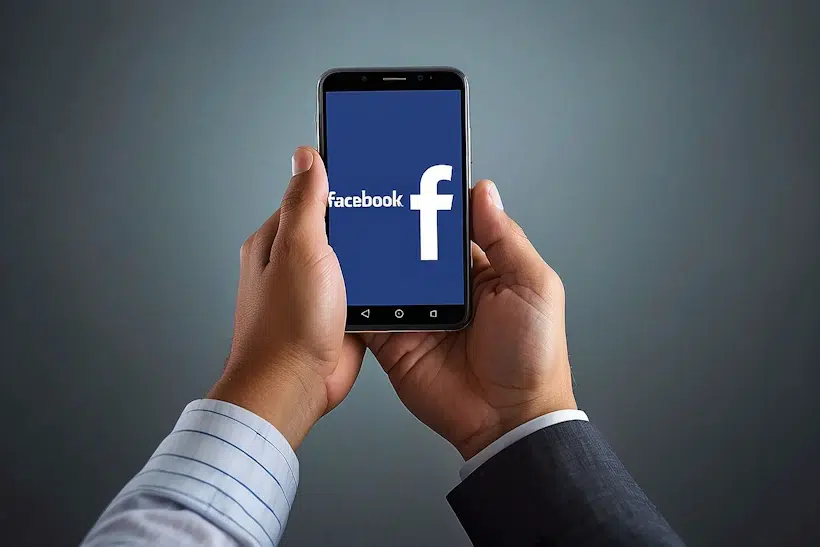 A person in a suit holds a smartphone with both hands. The screen displays the Facebook logo with a blue background, symbolizing the ability to connect data streams seamlessly.