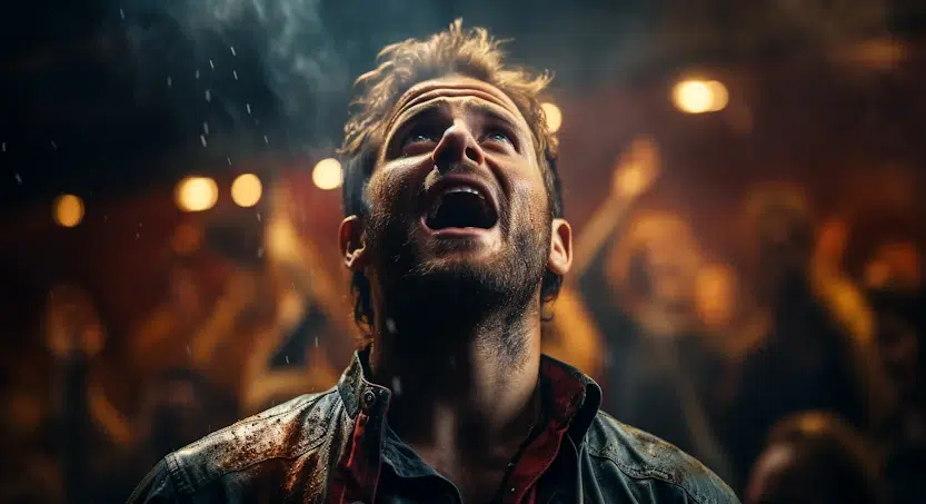 A man with a rugged appearance looks upward with his mouth open, seemingly in awe or ecstasy. Amidst the dimly-lit, crowded environment and blurred, cheering individuals, bright lights in the background suggest a lively atmosphere—much like the excitement one feels after a successful SEO consultation.
