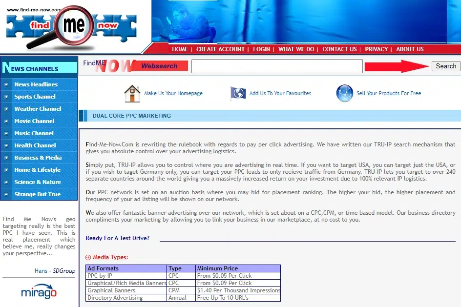 A screenshot of the "Find Me Now" website. The header features navigation links and a logo with "Find Me Now" in bold red text. The main content dives into Dual Core PPC Marketing, explaining the benefits of TRuLIP technology, while listing media types alongside their minimum prices.