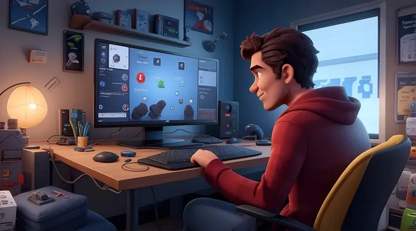 A person with short, brown hair is sitting at a desk in a cozy room. They are using a computer surrounded by multiple gadgets and tech accessories. The room, tailored with bespoke design elements, is filled with shelves and posters, and there's a soft glow from a lamp on the desk.