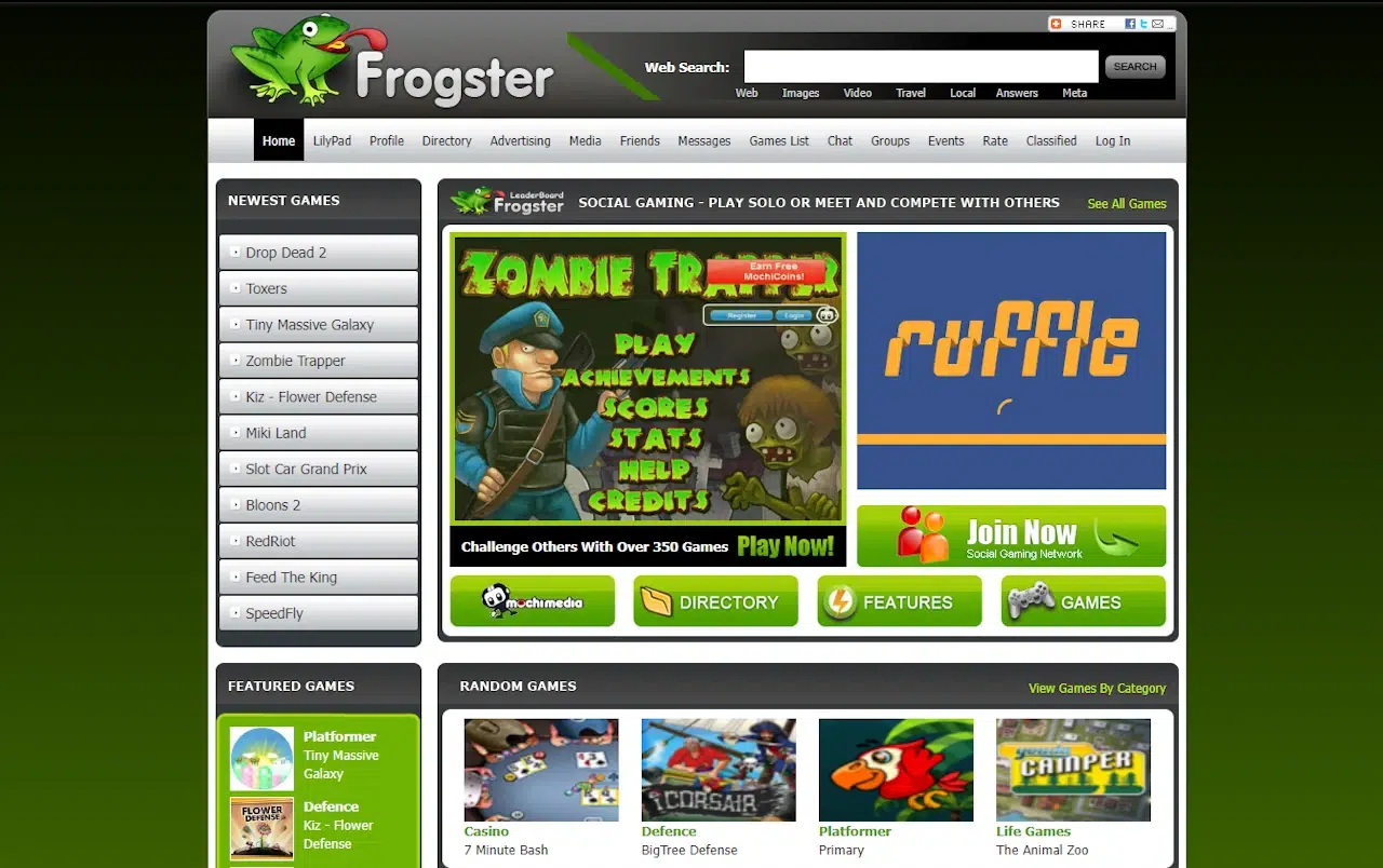 Screenshot of Frogster, a gaming website featuring various sections and game listings. A banner at the top highlights "Zombie Hunter" and "ruffle," alongside a "Join Now" button. Side sections list new, featured, and random games with small thumbnails for each.