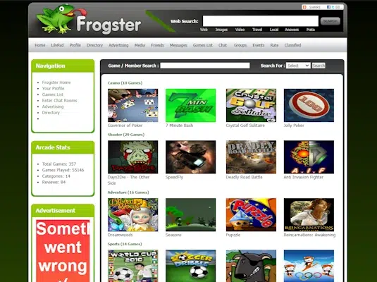 A screenshot of the Frogster gaming website homepage. The left side features a navigation menu, arcade stats, and an advertisement. The main section displays a grid of various game thumbnails with their titles, including action and puzzle games. Frogster's header includes a search bar.