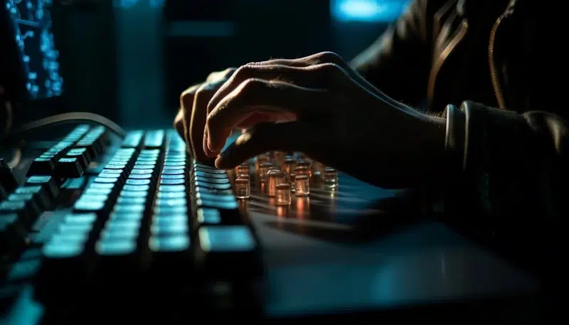 Close-up of a person’s hands typing on a mechanical keyboard, with illuminated keys in a dimly lit environment. The scene is backlit, emphasizing the fingers on the keyboard, giving a high-tech, focused ambiance that mirrors the precision and efficiency needed for optimizing website speed.