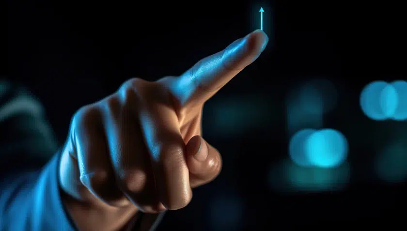 A close-up of a hand in a dimly lit environment with a finger pointing upwards towards a bright, small arrow symbol. The finger and arrow are illuminated, creating a striking contrast against the dark background, much like tracking the rise in keyword rank amidst fluctuating search results.