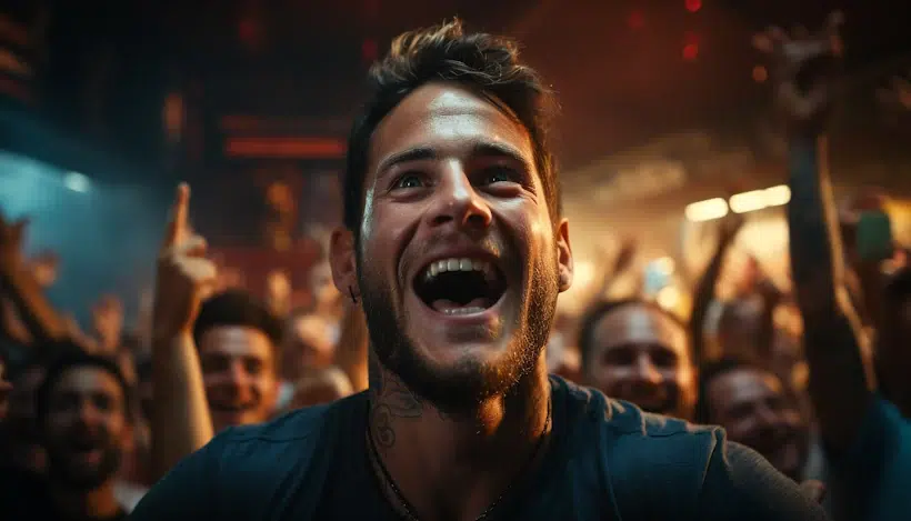A man with a beard and tattoos on his neck is seen up close, smiling widely and shouting with excitement. Behind him, a crowd of people also appear to be cheering in a lively, colorful atmosphere, possibly at a concert or sporting event—perfect for capturing the buzz on social media.