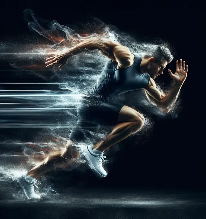 A muscular man in athletic wear sprints forward with intense speed, leaving a trail of dynamic motion effects behind him. The background is dark, emphasizing his powerful form and movement. His every stride captures the essence of Core Web Vitals—speed, performance, and impactful visuals.
