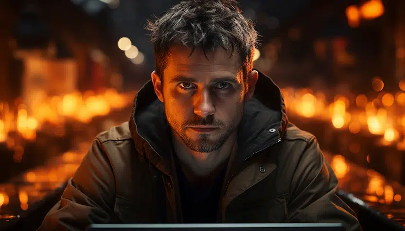 A man with short, tousled hair and a serious expression sits in front of a fiery backdrop filled with glowing lights. He is wearing a brown jacket with the hood up, illuminated by the surrounding flames, as if seeking to access something hidden amidst the heat and chaos.