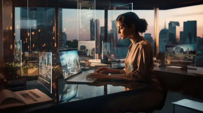 A woman is working on a laptop in a modern office with large windows overlooking a cityscape at sunset. Digital holograms of data and city buildings, crucial for competitor monitoring, surround her, illustrating a high-tech, futuristic workspace.