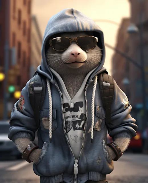 A cool anthropomorphic animal wearing sunglasses, a hoodie, and a backpack stands in an urban street setting. Exuding attitude with its paws in its hoodie pockets, it embodies the edge that About Envy Websites aims for. The background features city buildings bathed in a warm glow.