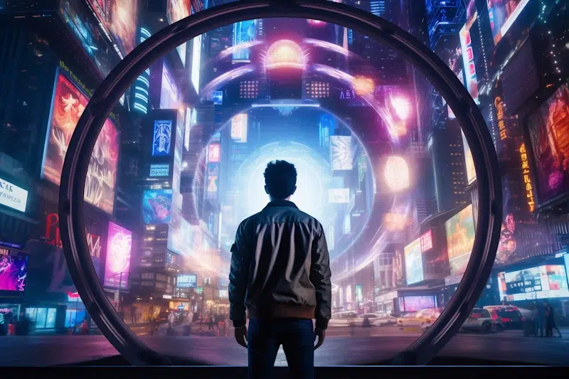 A person stands in front of a futuristic cityscape at night, looking at a large, glowing, circular portal. The vibrant neon lights of skyscrapers and digital billboards illuminate the scene like the swift efficiency of website speed, creating a mesmerizing, cyberpunk atmosphere.