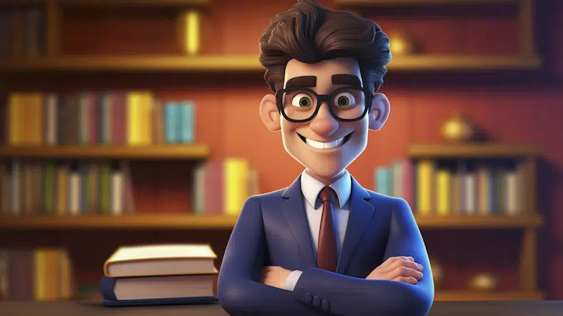 A smiling male cartoon character with dark hair, wearing glasses and a blue suit with a red tie, stands with arms crossed in front of a bookshelf filled with books. The SEO optimized scene exudes a warm, cozy atmosphere.