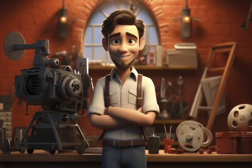 A 3D animated character with a beard and mustache, wearing a white shirt and suspenders, stands confidently in front of a vintage film projector. The background features a brick wall, shelves with film reels, and various cinematic equipment, creating a nostalgic atmosphere perfect for video consultations.