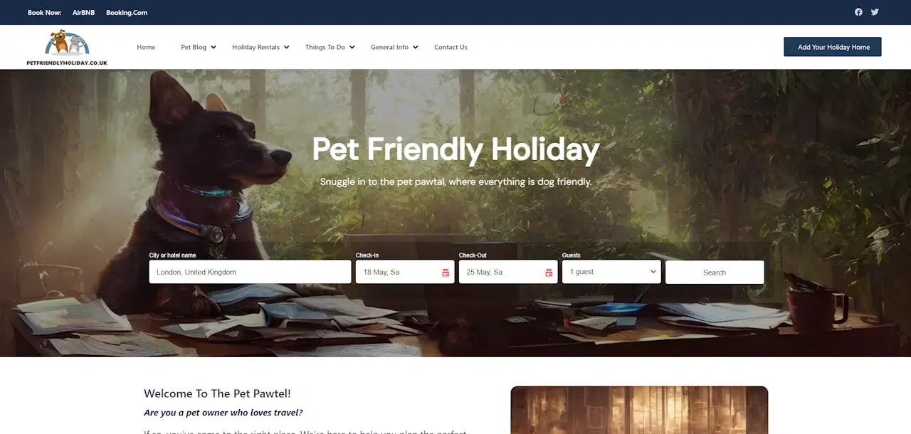 A homepage for "Pet Friendly Holiday" features a large banner image of a dog sitting at a table with outdoor scenery. The page includes search fields for destinations, check-in/check-out dates, and number of guests. Text reads, "Snuggle in the pet pawtel, where everything is dog friendly on your Pet Friendly Holiday.