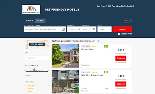 A website for pet-friendly holiday hotels is displayed. It shows search options with filters for city, check-in and check-out dates, and number of guests. Search results featuring two properties, "Medindi Manor" and "Wild Olive Guest House" with prices per night are visible.
