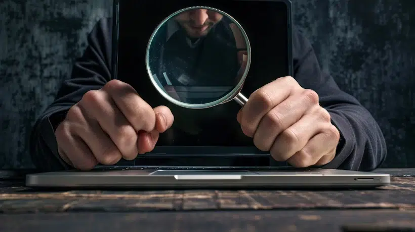 A person holds a magnifying glass in front of a laptop screen, magnifying part of their face. The background is dark and the person's hands are prominently visible on either side of the magnifying glass. The laptop, essential to help them rank higher in online searches, rests on a wooden surface.