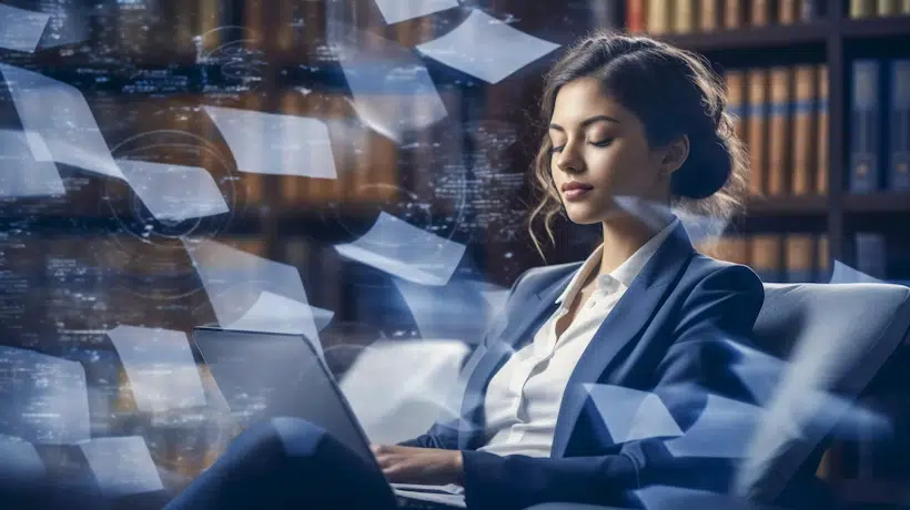 A woman in a business suit sits in a library-like room, working on a laptop. She appears focused, with floating documents and reports surrounding her, symbolizing a digital workflow. Bookshelves filled with books are visible in the background.