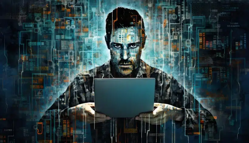 A Full Stack Developer intensely focuses on a laptop, surrounded by a digital matrix of glowing code and circuit lines. The background has a futuristic, cyberpunk aesthetic, with vibrant blue and orange hues illuminating his serious expression.