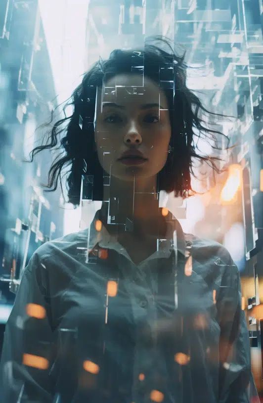 A woman with short, dark hair stands in a futuristic setting, surrounded by floating, transparent digital screens displaying FAQ sections. She wears a white shirt and looks forward with a serious expression. The background features a blend of cool blue and warm orange lights.