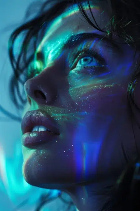 Close-up of a person's face illuminated by colorful lights, giving a dreamy and ethereal effect. Their eyes are looking upward, while the shimmering light reflects like an SEO consultation unveiling new opportunities. The overall atmosphere is surreal and mystical.