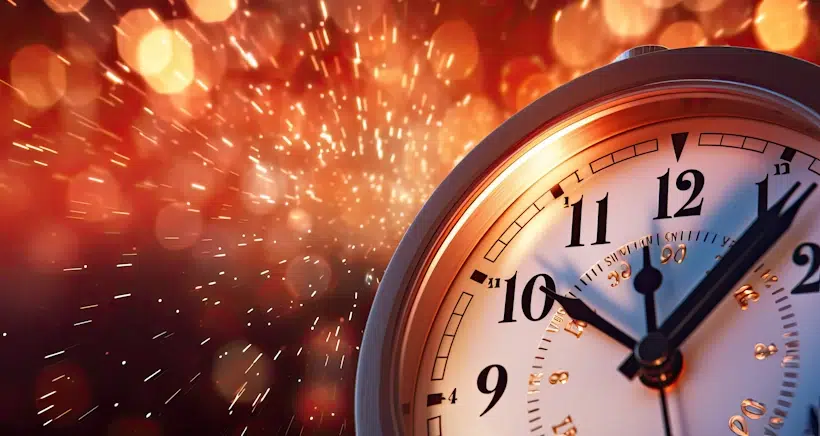 Close-up of a clock showing the time at 11:55, with a festive background of golden, sparkling bokeh lights. The scene suggests an imminent event, much like a Full Stack Developer carefully timing each component's deployment for the countdown to midnight.