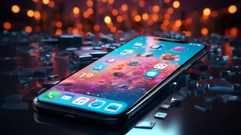 A sleek smartphone with a vibrant, colorful galaxy-themed wallpaper lies on a reflective surface scattered with small, shiny metallic squares, while a blurred background of warm, glowing lights adds a dramatic effect—perfect for capturing eye-catching social media shots.