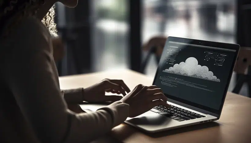 A person with curly hair works on a laptop displaying cloud computing code, data visualizations, and detailed reports. The scene is set in a dimly lit room, with natural light filtering through the windows in the background.