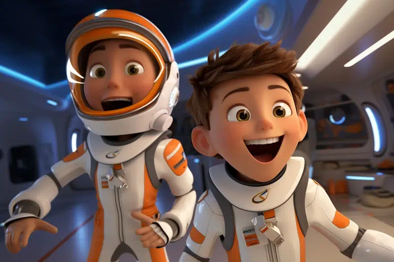 Two animated characters in astronaut suits smile excitedly inside a spaceship. One character wears a helmet with the visor open, while the other has their helmet off. The spaceship interior, reminiscent of Google Looker Studio's modern design, features sleek lines and blue lighting.