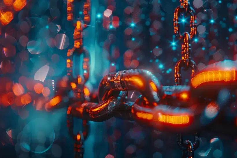 Close-up of interconnected chains with a vibrant combination of red and blue lighting. The background features a bokeh effect, creating a dynamic, electric atmosphere with sparkling dots and neon lights. The image conveys strength, connection, and the energy essential for backlink monitoring.