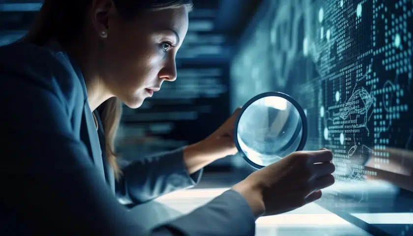 A woman wearing a suit closely examines a transparent screen with digital data, using a magnifying glass. The background shows an array of high-tech data visualizations, keyword rank tracking metrics, and code, suggesting a focus on technology and analysis.