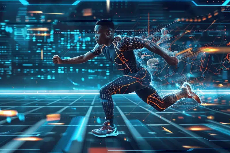 A person in futuristic athletic gear runs with speed on a high-tech, digital grid background. Neon blue and orange lines accentuate their motion, highlighting the advanced technology. The setting has a sci-fi, cyberpunk aesthetic, reminiscent of website speed optimized to perfection.