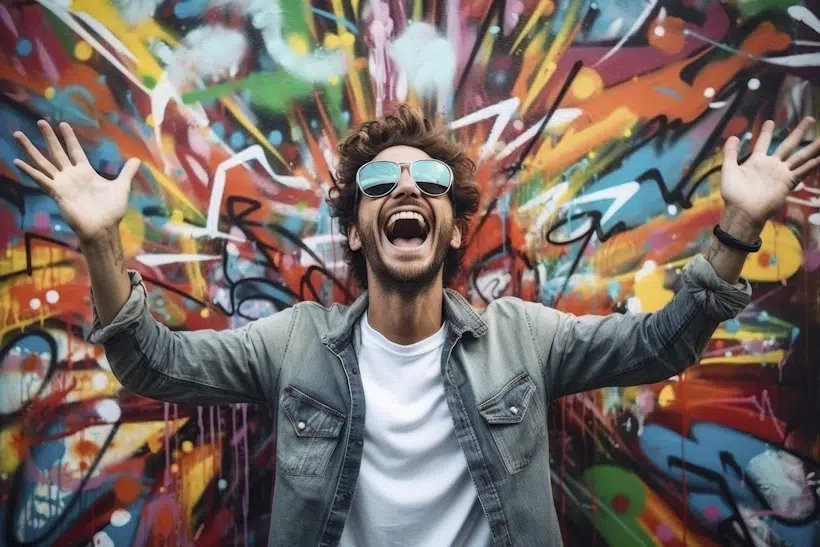 A man with curly hair and sunglasses joyfully raises his arms in front of a vibrant graffiti wall, perfect for social media. He is wearing a denim jacket over a white shirt and is beaming with excitement. The colorful background adds to the dynamic and lively atmosphere of the image.