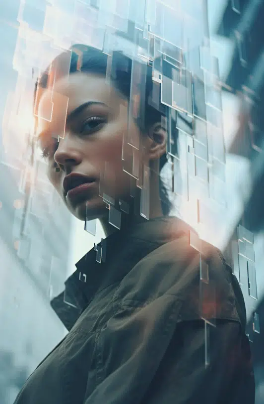 A person with short hair and a serious expression looks off to the side, partially obscured by transparent, floating geometric shapes. They are wearing a collared jacket that adds to their intriguing aura. The background is blurred, evoking a futuristic and abstract feel, much like an FAQ page diagram.