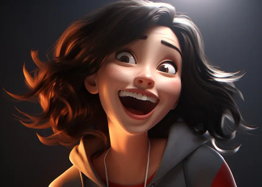 A 3D animated character with shoulder-length wavy hair is smiling widely with an open mouth. The character, perfect for a web design project, wears a grey hoodie and has expressive, joyful eyes. The lighting emphasizes the character's playful and lively expression.