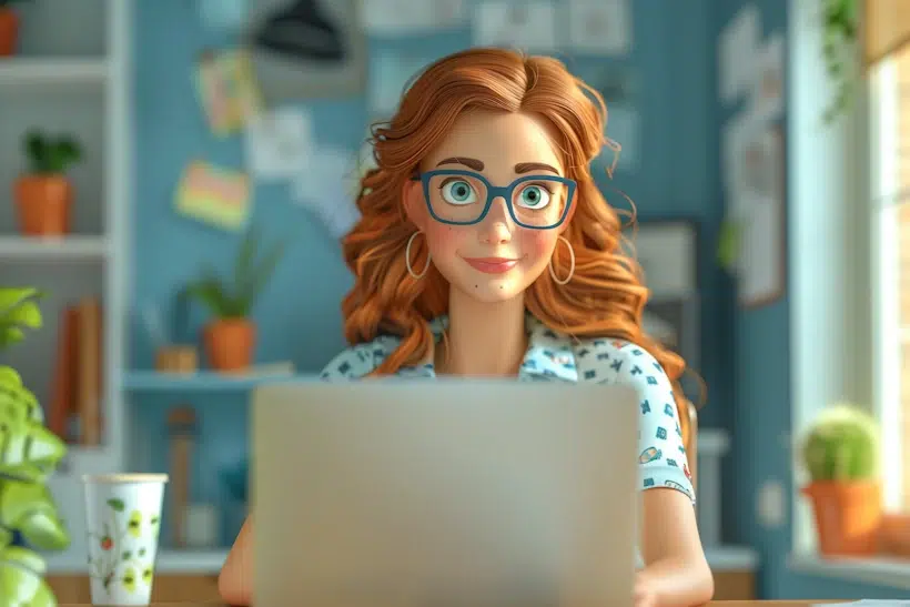 Illustration of a red-haired woman with glasses sitting at a desk with a laptop. She is smiling and appears to be working from home on scalable WordPress websites, surrounded by indoor plants, books, and other home office items in a bright, cozy room.