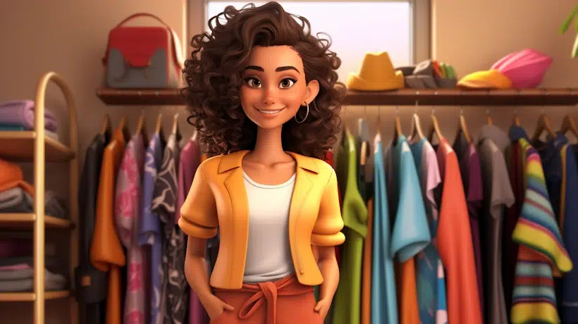 A woman with curly hair and hoop earrings stands smiling in front of a closet filled with colorful clothes. She wears a yellow jacket over a white shirt and red pants. The bright, organized room showcases neatly arranged shelves, providing an SEO-optimized setting for fashion enthusiasts.