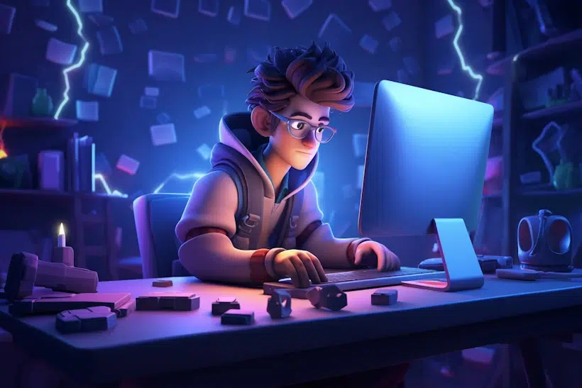 A young person with glasses and spiky hair intently works on a computer in a room filled with floating books and papers. Neon lights and electrical sparks create a vivid, dynamic atmosphere. The scene has a futuristic and magical ambiance, perfect for crafting scalable WordPress websites.