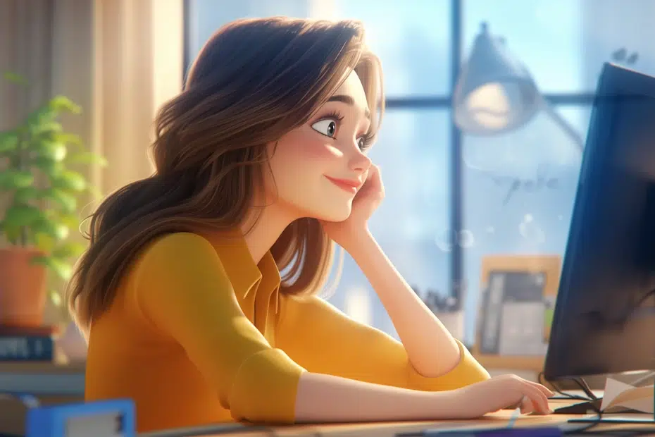 An animated character of a woman with long brown hair, wearing a yellow blouse, sits at a desk and looks at a computer screen. Soft sunlight filters through a large window in the background, casting a warm glow on her and her workspace, where she is busy developing scalable WordPress websites.