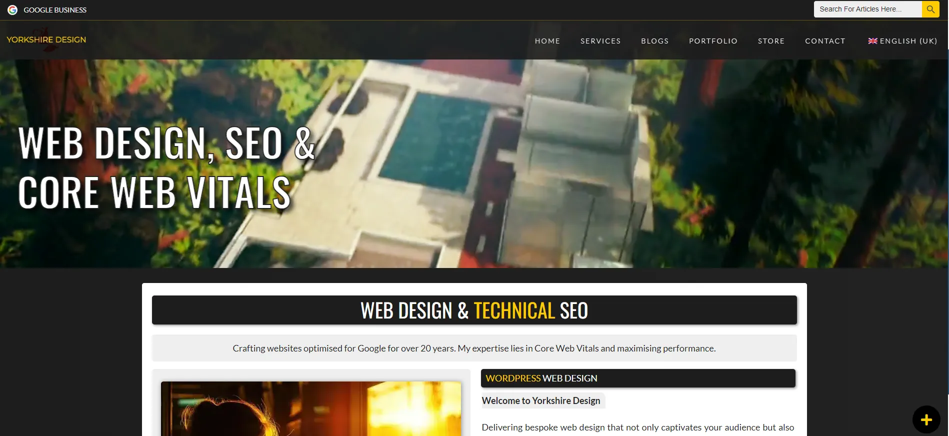 A screenshot of a website featuring a banner image of buildings and trees, with text overlaid reading "Web Design, SEO & Core Web Vitals". Below, sections titled "Web Design & Technical SEO" and "Yorkshire Design" with links to various pages like Services, Blog, and Portfolio.