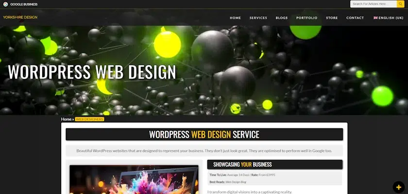 A screenshot of a website offering WordPress web design services by Yorkshire Design. The header features a graphic with spheres and lights, accompanied by the text "WordPress Web Design." The site includes a navigation menu, a "Showcasing Your Business" section, and a main content area.