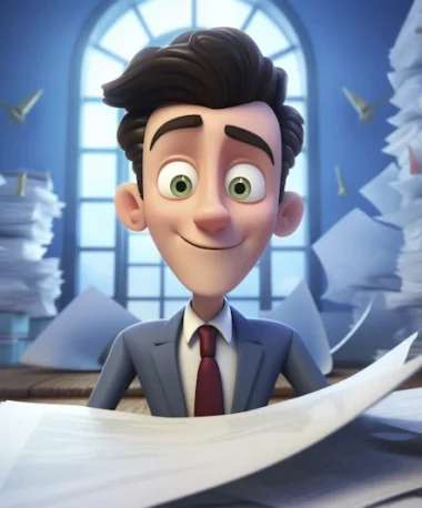A smiling animated character with slicked-back hair, wearing a suit and tie, is seated at a desk overflowing with stacks of papers. The scene suggests a busy office environment focused on Hybrid SEO, with an arched window and flying paper planes in the background.