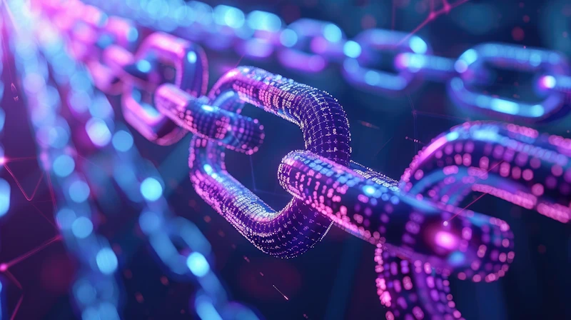 Close-up of digital chains glowing with blue and purple lights, representing blockchain technology. The chains appear interconnected with a background filled with abstract lights and lines, symbolizing data, connectivity, and hybrid SEO integration.