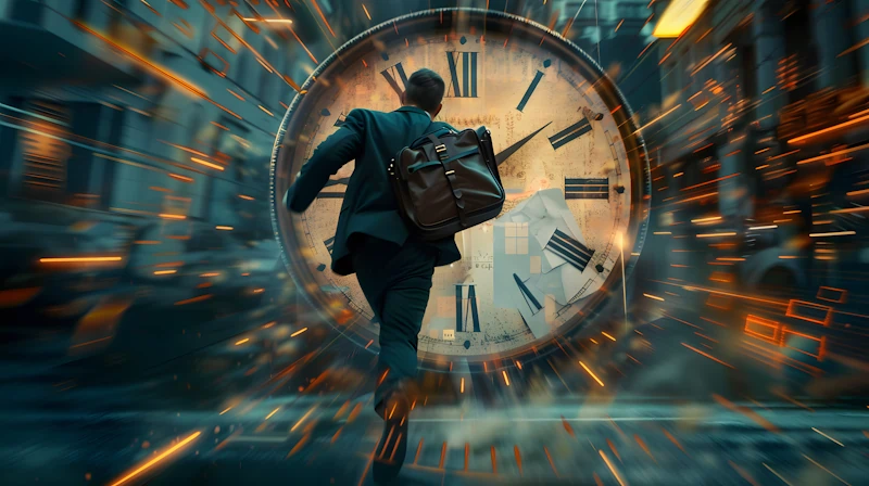 A man in a suit runs towards a large, surreal clock in a busy cityscape. Digital effects, such as floating numbers and geometric shapes, create a dynamic, futuristic atmosphere emphasizing the concept of time and urgency—mirroring the relentless pace of the modern world driven by hybrid SEO strategies.