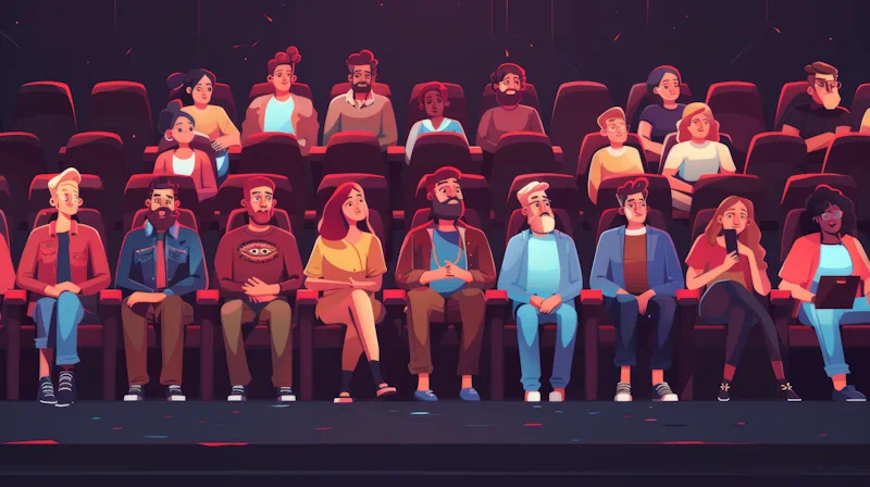 An illustration of a diverse group of people seated in a theater, watching a performance or movie. The crux of the scene is the audience, which includes individuals of various ages, ethnicities, and styles, displaying expressions ranging from amusement to thoughtfulness.